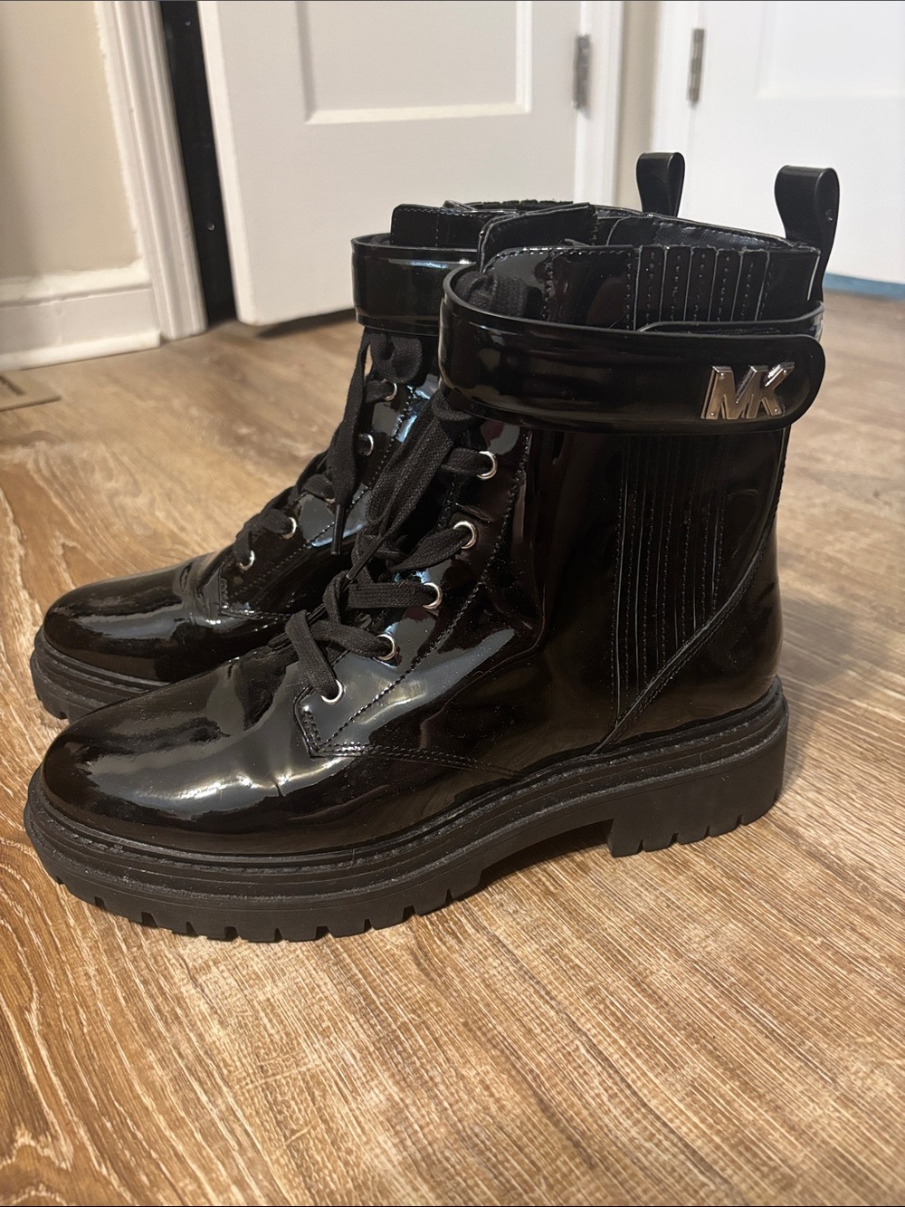 Michael Kors Shiny Black Patent Combat-Style Ankle Boots